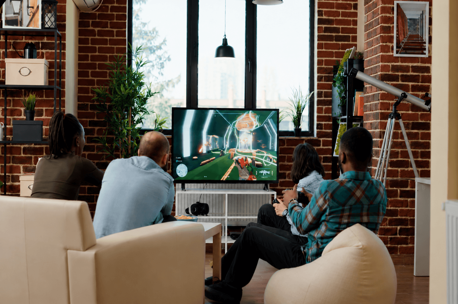 Friends gaming together on a living-room CTV screen