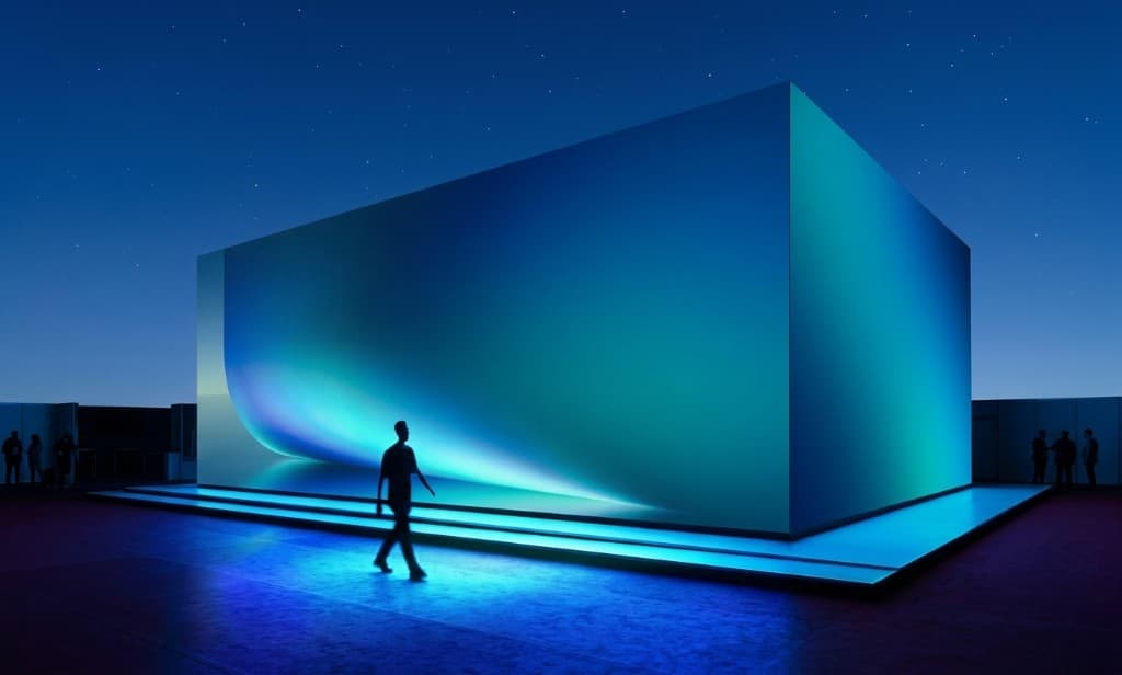 Glowing digital installation at night with visitors walking in front of a large illuminated screen