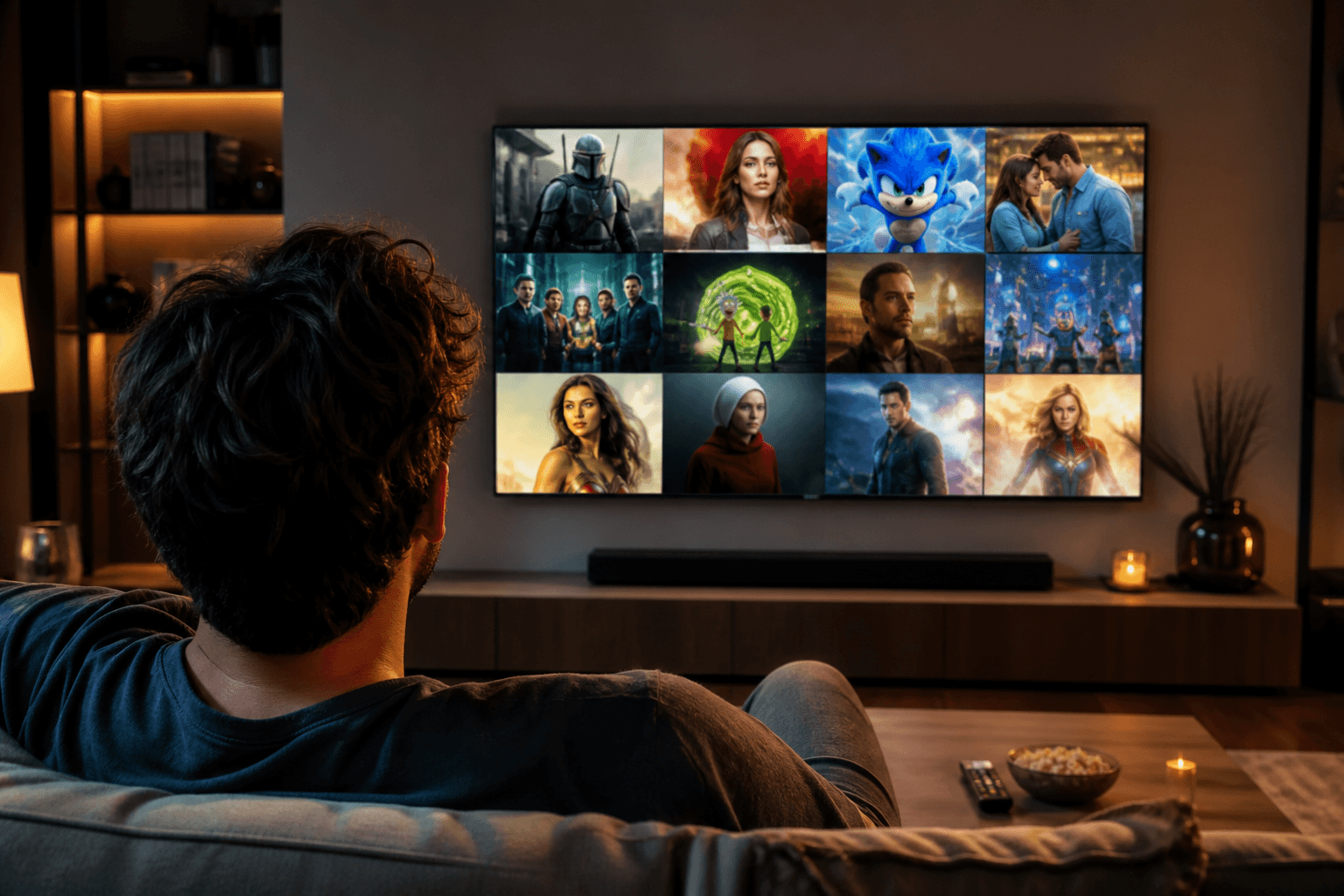 Viewer watching a living-room CTV screen filled with streaming content